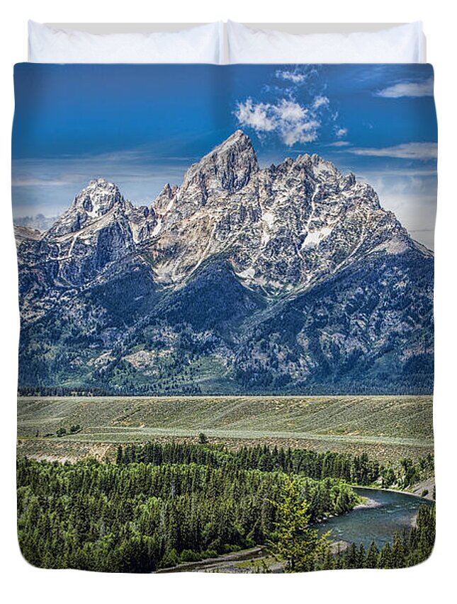 Grand Tetons Duvet Cover featuring the photograph Grand Tetons over the Snake River at Mid-Day by Josh Bryant