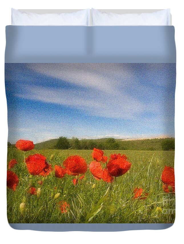 Art Duvet Cover featuring the photograph Grassland and Red Poppy Flowers by Jean Bernard Roussilhe