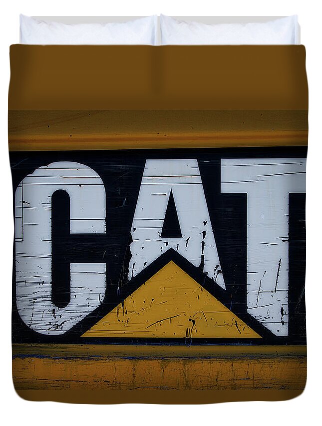 Gravel Pit Duvet Cover featuring the photograph Gravel Pit Cat Signage Hydraulic Excavator by Thomas Woolworth