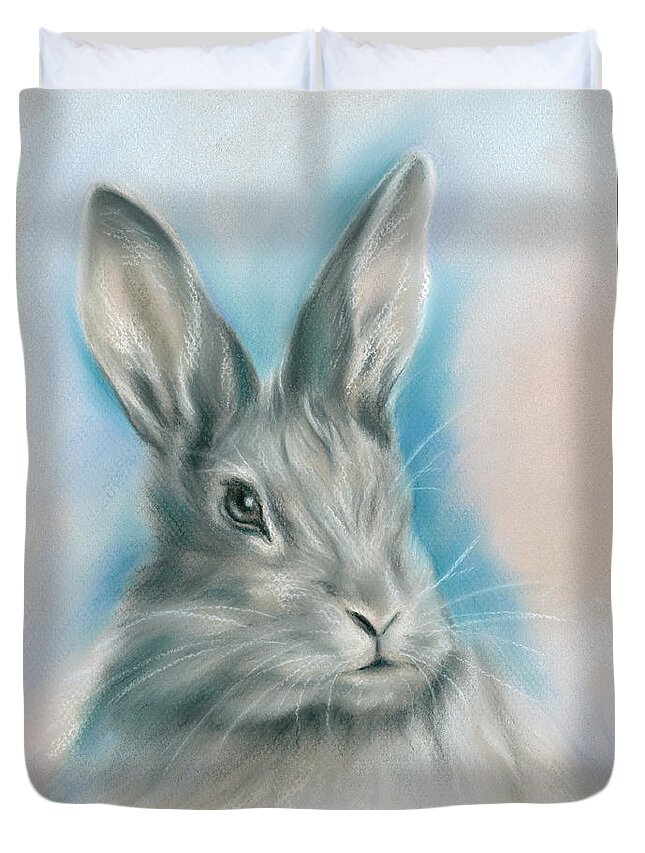 Rabbit Duvet Cover featuring the painting Gray Bunny Rabbit on Blue by MM Anderson
