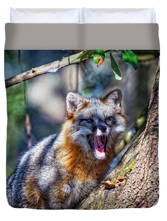 Nature Duvet Cover featuring the digital art Gray Fox Awakens In The Tree by DB Hayes