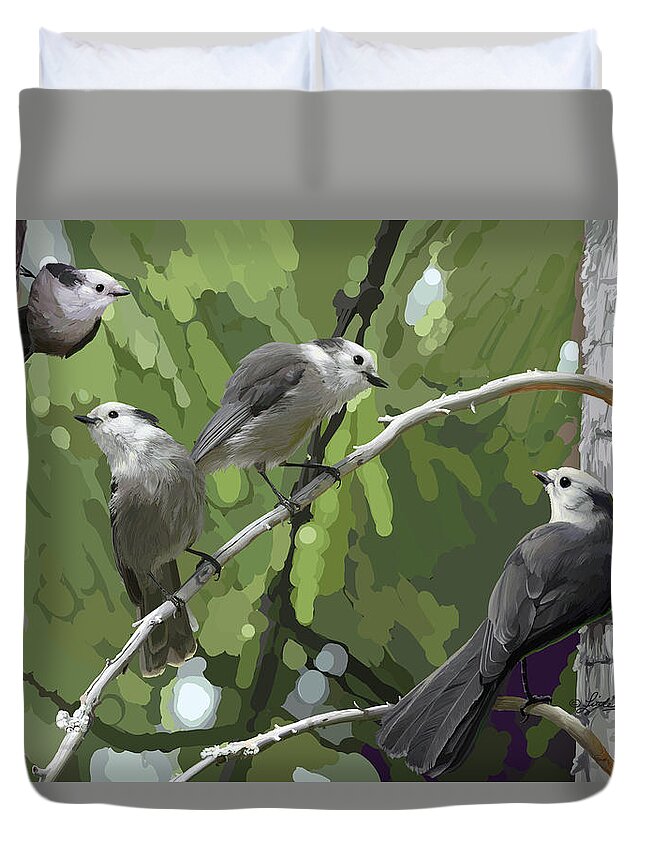 Perisoreus Canadensis Duvet Cover featuring the digital art Gray Jays Group by Pam Little