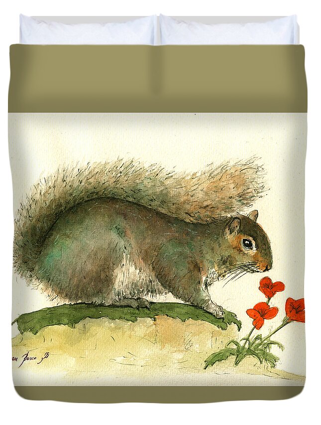 Squirrel Duvet Cover featuring the painting Gray squirrel flowers by Juan Bosco