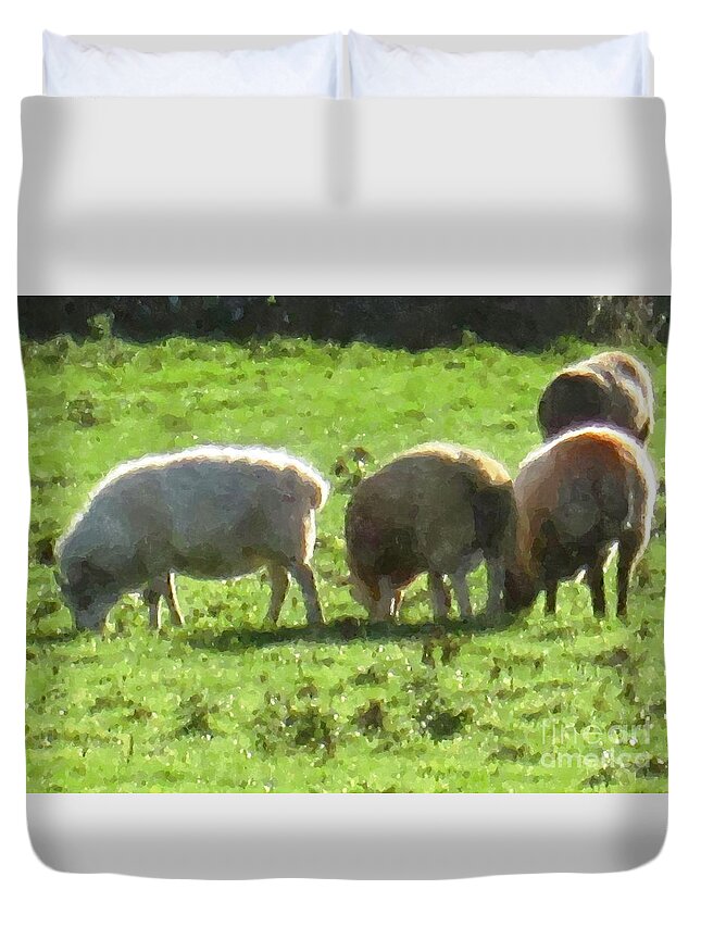 Sheep Duvet Cover featuring the painting Grazing sheep by Mary Cahalan Lee - aka PIXI