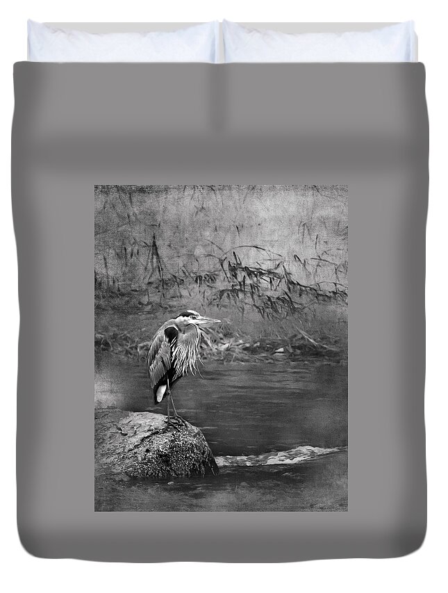 Great Blue Heron Duvet Cover featuring the photograph Great Blue Heron on a Rock bw by Belinda Greb