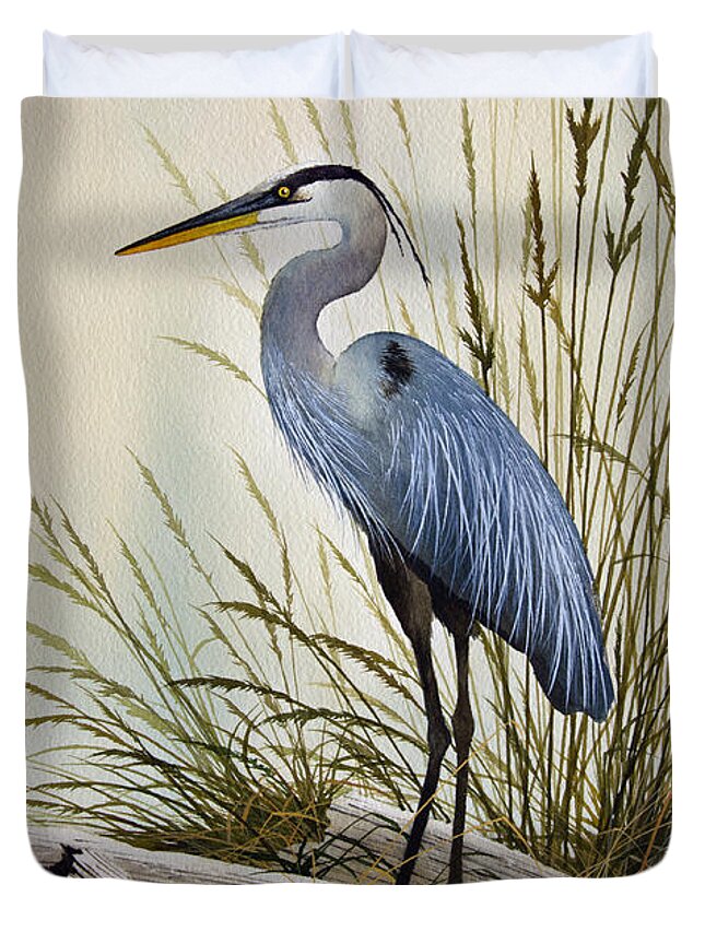 Great Blue Heron. Great Blue Heron Painting Duvet Cover featuring the painting Great Blue Heron Shore by James Williamson