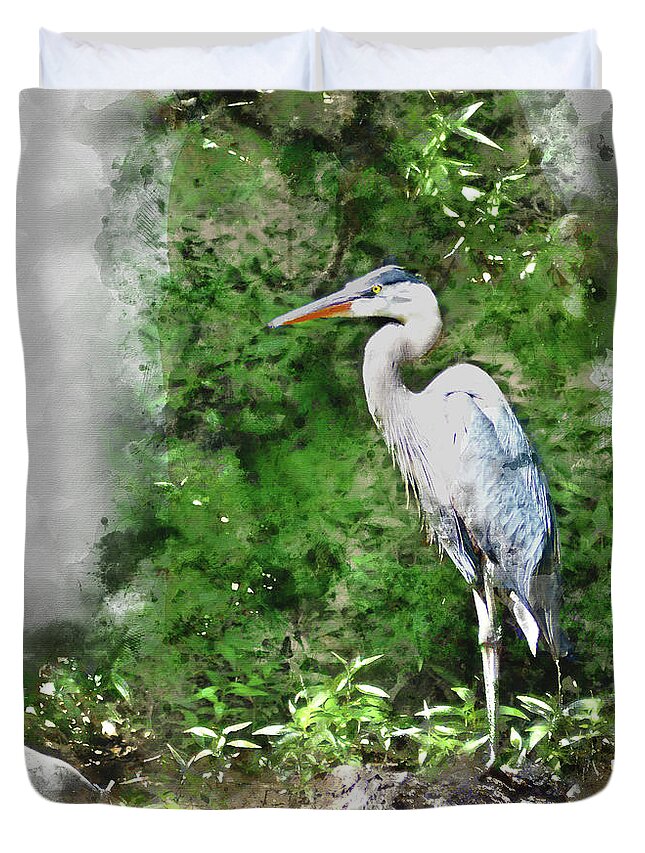 Heron Duvet Cover featuring the digital art Great Blue Heron Watercolor by Kathy Kelly