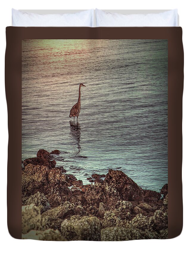 Bird Key Park Duvet Cover featuring the photograph Great Blue Hunting at Dusk by Richard Goldman