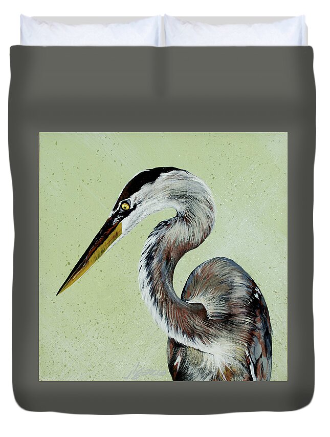 Great Blue Heron Duvet Cover featuring the painting Great Blue Milton by Joan Garcia