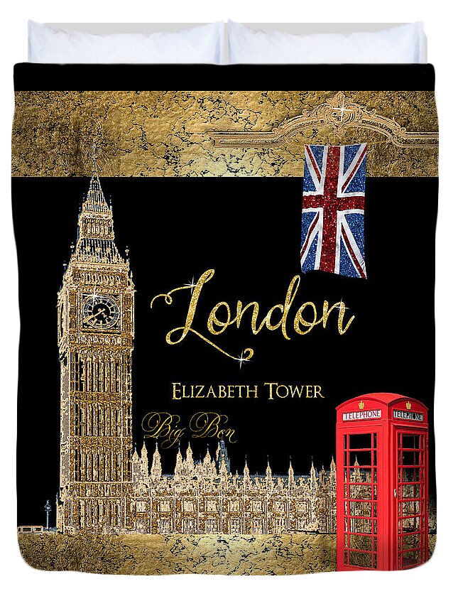 London Duvet Cover featuring the painting Great Cities London - Big Ben British Phone booth by Audrey Jeanne Roberts