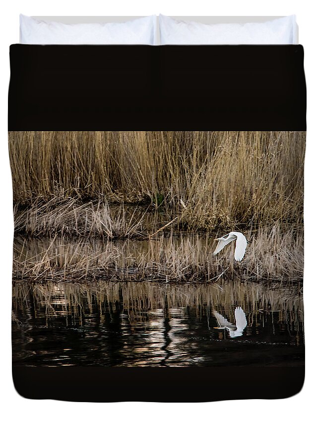 Great Egret Duvet Cover featuring the photograph Great Egret's flight to a new position by Torbjorn Swenelius
