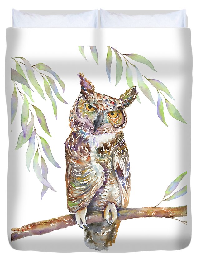 Great Horned Owl Duvet Cover featuring the painting Great Horned Owl by Amy Kirkpatrick