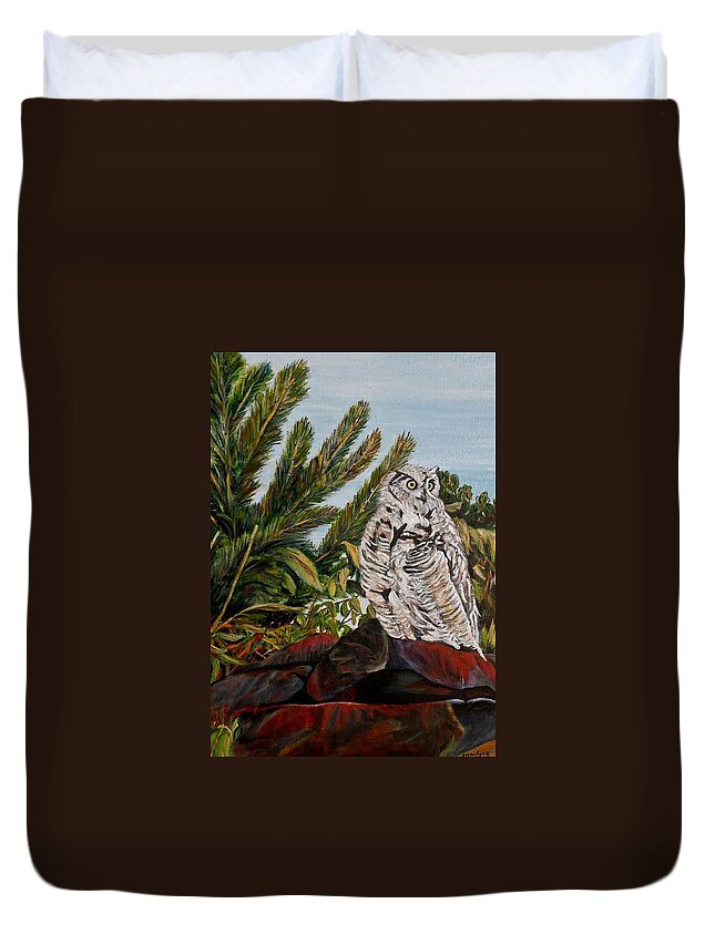 Great Horned Owl Duvet Cover featuring the painting Great Horned Owl - Owl on the rocks by Marilyn McNish