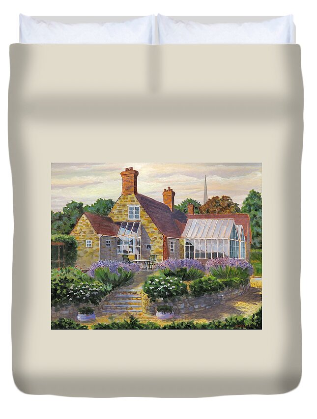 House Duvet Cover featuring the painting Great Houghton Cottage by David Gilmore