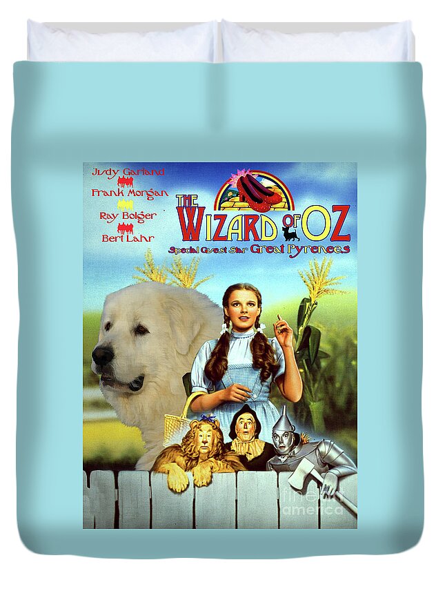 Great Pyrenees Duvet Cover featuring the painting Great Pyrenees - Pyrenean Mountain Dog Art Canvas Print - The Wizard of Oz Movie Poster by Sandra Sij