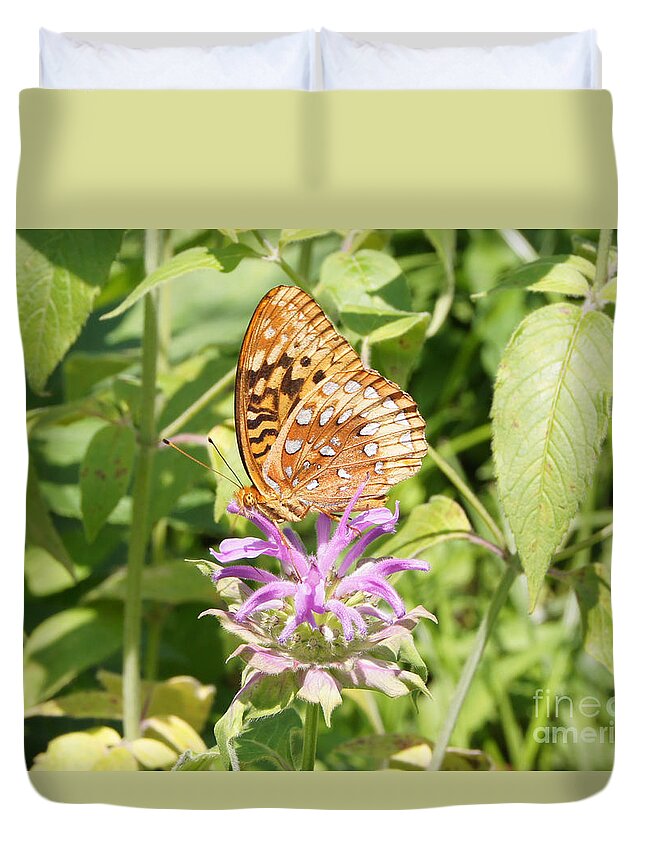 Butterly Duvet Cover featuring the photograph Great Spangled Fritillary on Bee Balm Flower by Robert E Alter Reflections of Infinity