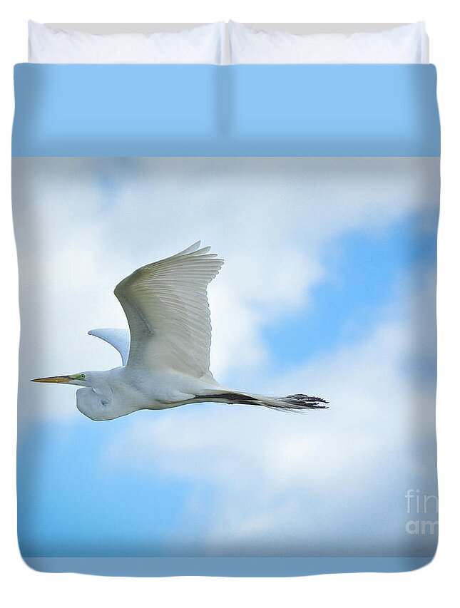 Great Duvet Cover featuring the photograph Great White in Flight by Quinn Sedam
