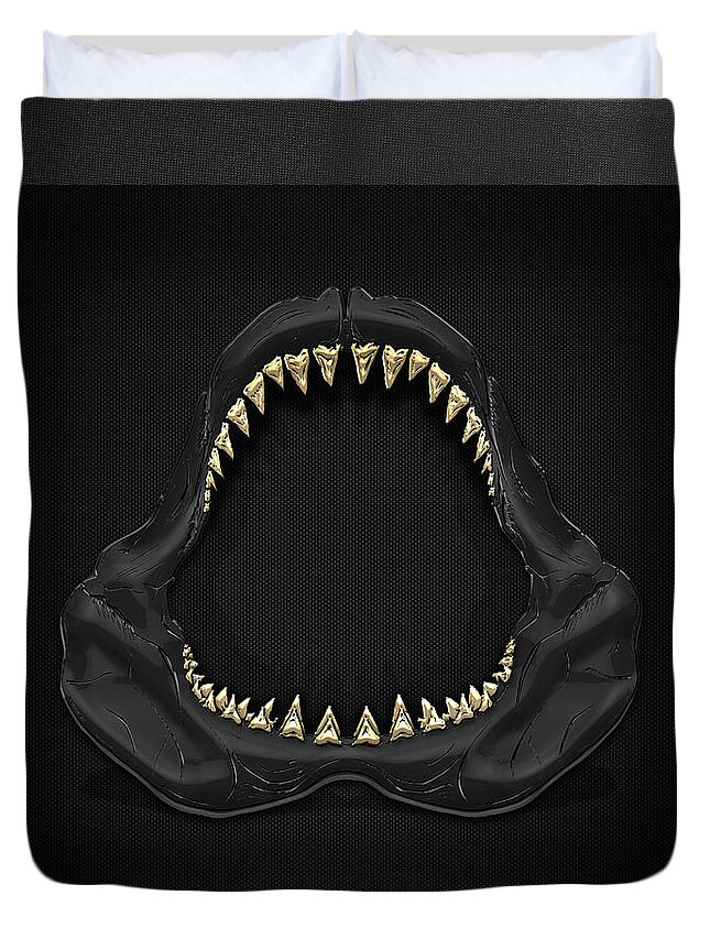 black On Black Collection By Serge Averbukh Duvet Cover featuring the photograph Great White Shark Jaws with Gold Teeth by Serge Averbukh