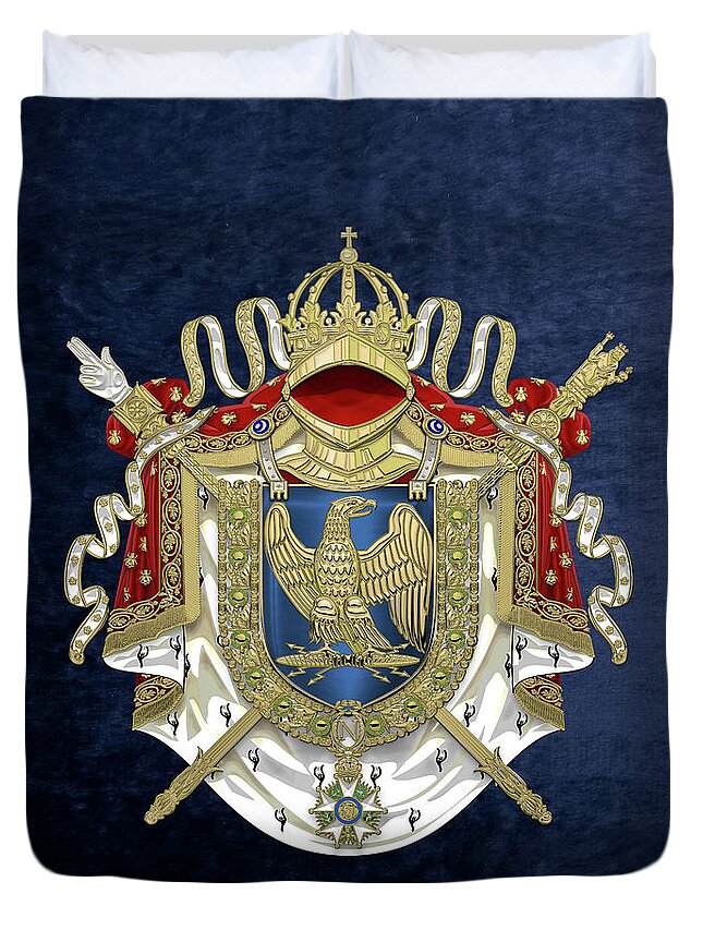 'napoleon Bonaparte' Collection By Serge Averbukh Duvet Cover featuring the digital art Greater Coat of Arms of the First French Empire over Blue Velvet by Serge Averbukh