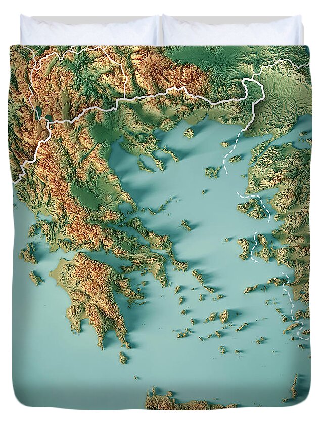 Greece Duvet Cover featuring the digital art Greece Country 3D Render Topographic Map Border by Frank Ramspott