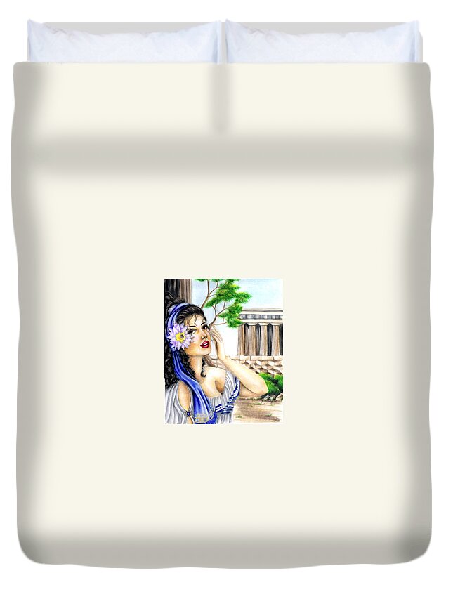 Colored Pencil Duvet Cover featuring the drawing Greecian Lotus by Scarlett Royale