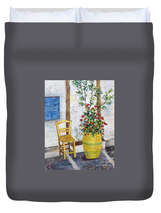 Greek Duvet Cover featuring the painting Greek Chair by Lou Ann Bagnall
