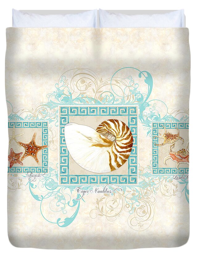 Seashells Duvet Cover featuring the painting Greek Key Nautilus Starfish n Conch Shells by Audrey Jeanne Roberts