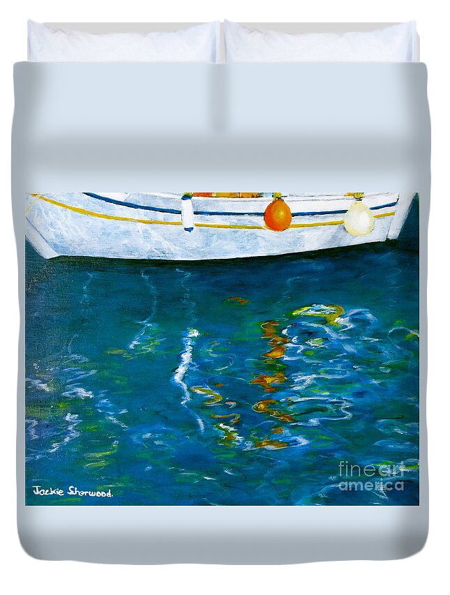 Greece Duvet Cover featuring the painting Greek Reflections by Jackie Sherwood
