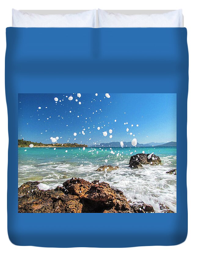 Greece Duvet Cover featuring the photograph Greek Surf Spray by Allin Sorenson