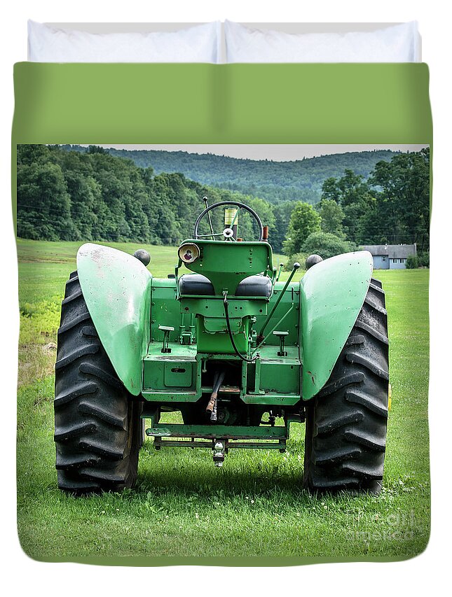 New Hampshire Duvet Cover featuring the photograph Green and Yellow Vintage Tractor by Edward Fielding