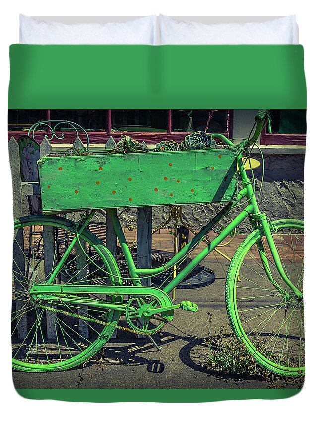 Green Duvet Cover featuring the photograph Green Bike by Garry Gay