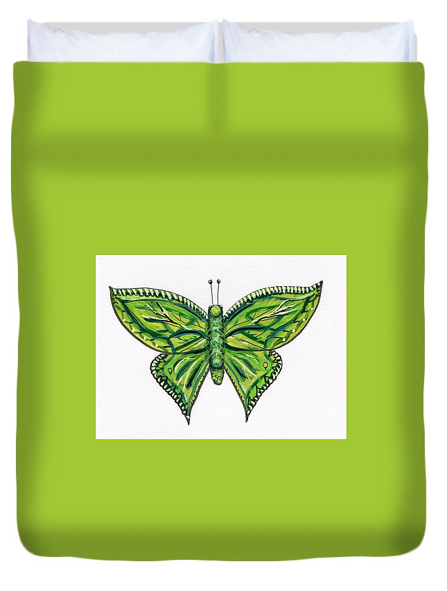 Green Duvet Cover featuring the painting Green Butterfly Illustration by Catherine Gruetzke-Blais