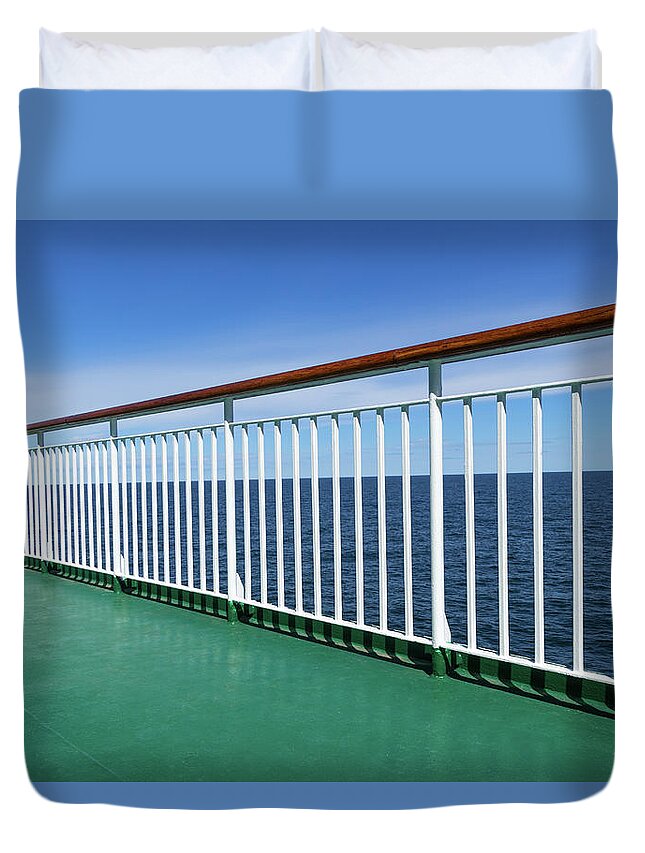 Sea Duvet Cover featuring the photograph Green deck of a passenger ship by GoodMood Art