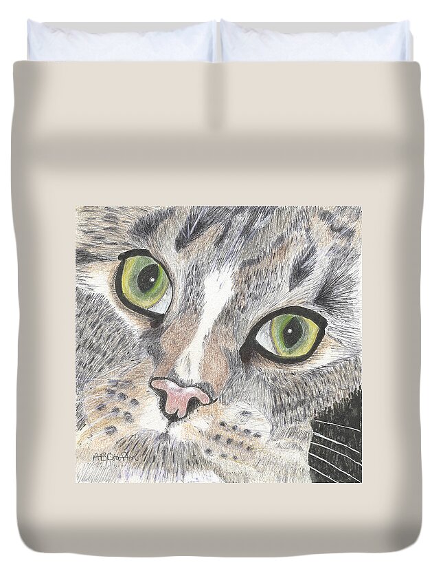Cat Duvet Cover featuring the drawing Green Eyes by Arlene Crafton