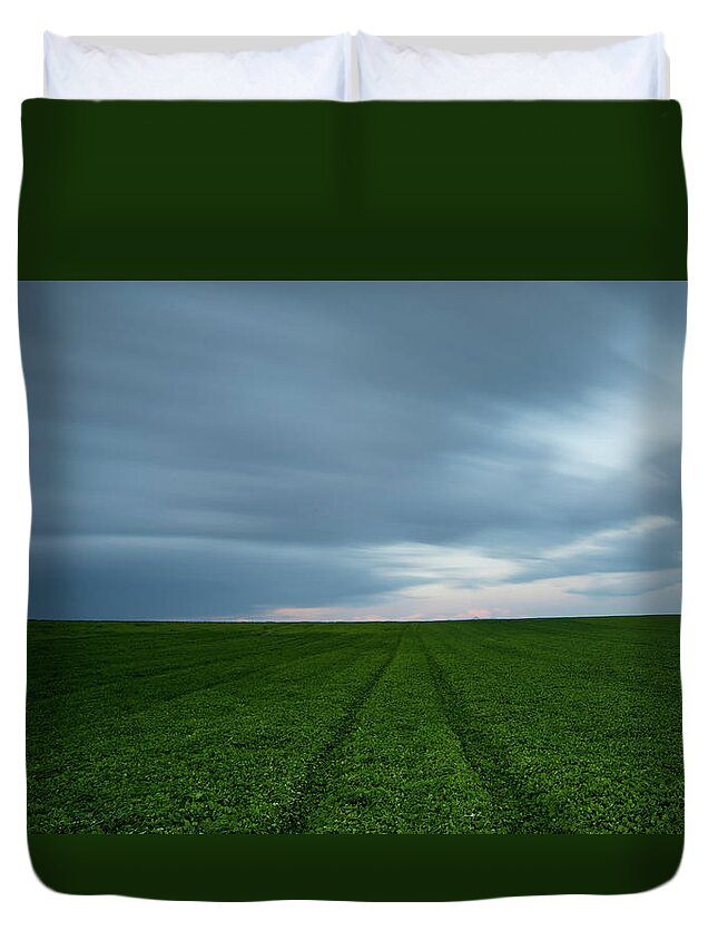 Freedom Duvet Cover featuring the photograph Green field and cloudy sky by Michalakis Ppalis