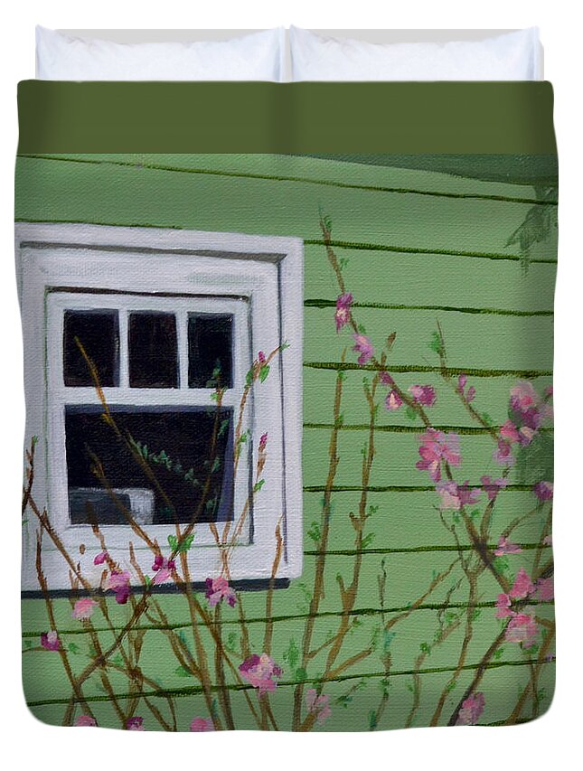 Green Duvet Cover featuring the painting Green Garage in Spring by Mary Chant