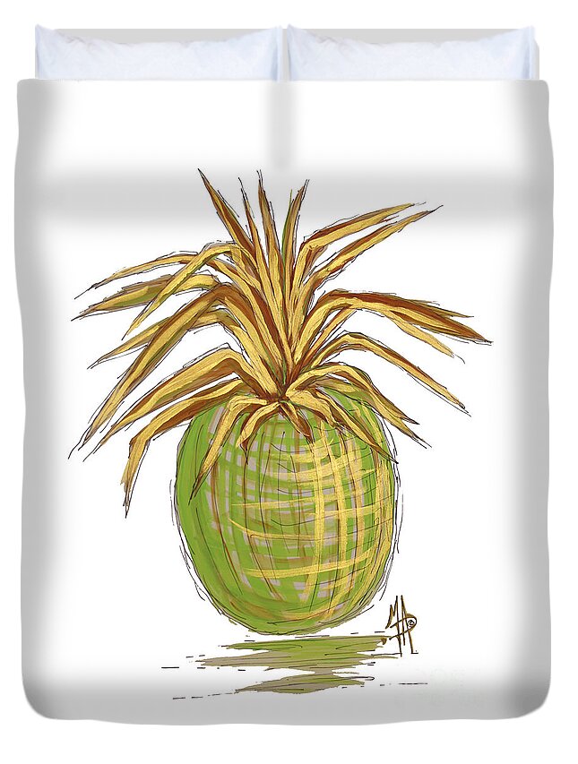 Pineapple Duvet Cover featuring the painting Green Gold Pineapple Painting Illustration Aroon Melane 2015 Collection by MADART by Megan Aroon