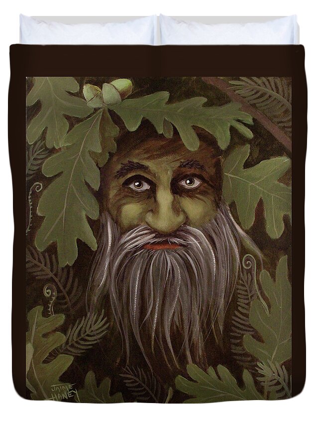 11x14 Duvet Cover featuring the painting Green Man painting by Jaime Haney
