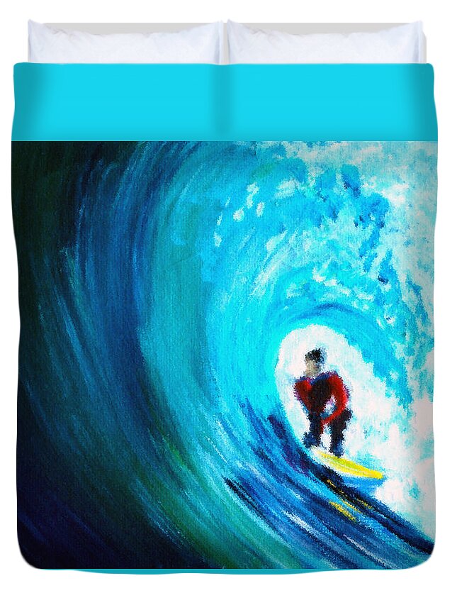 Surfer Duvet Cover featuring the painting Green Room Surfer in a Wave by Katy Hawk