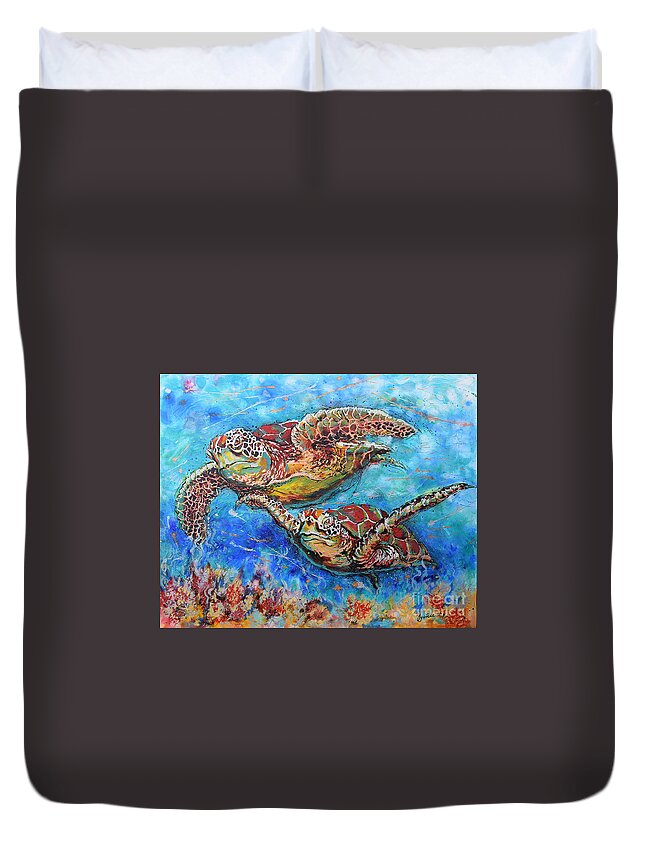 Marine Turtles Duvet Cover featuring the painting Green Sea Turtles by Jyotika Shroff
