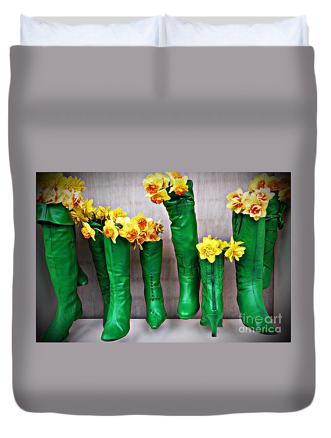 Spring Duvet Cover featuring the photograph Green Shoes for Yellow Spring Flowers by Amalia Suruceanu