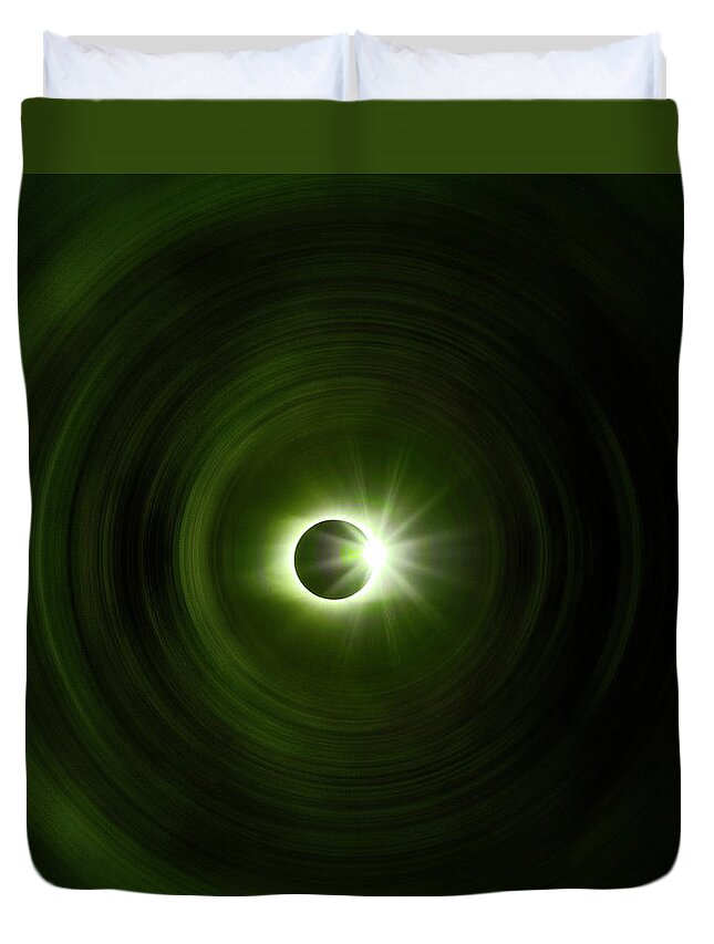 Outer Duvet Cover featuring the digital art Green Solar Eclipse Spin by Pelo Blanco Photo