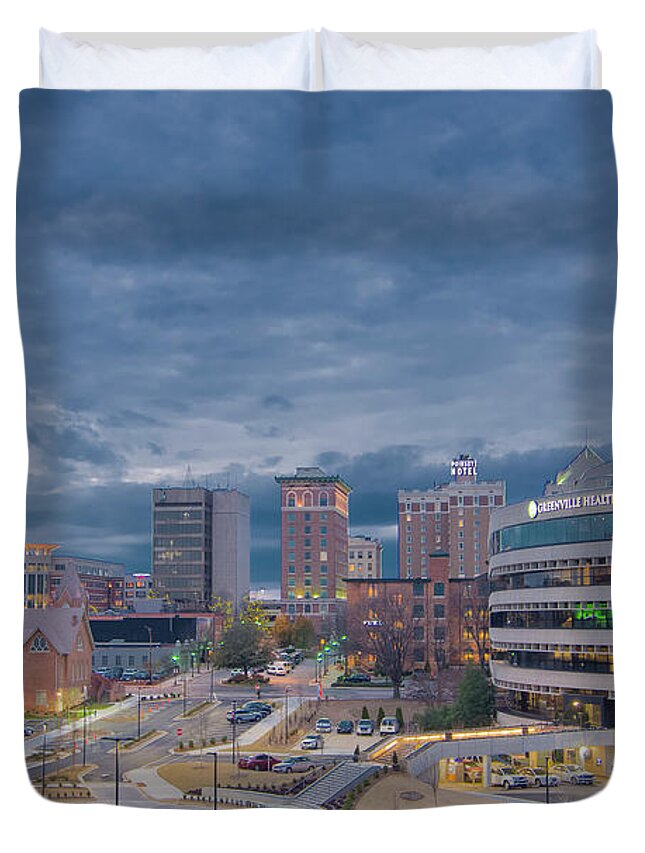 Greenville Sc Night Scene Duvet Cover featuring the photograph Greenville Night 1 by David Waldrop
