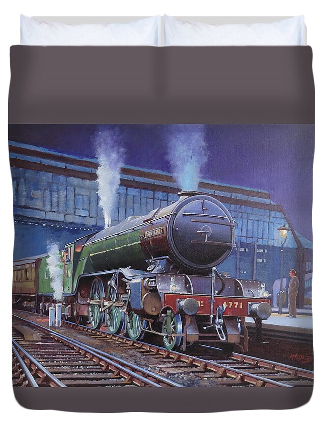 Steam Duvet Cover featuring the painting Gresley Green Arrow class. by Mike Jeffries
