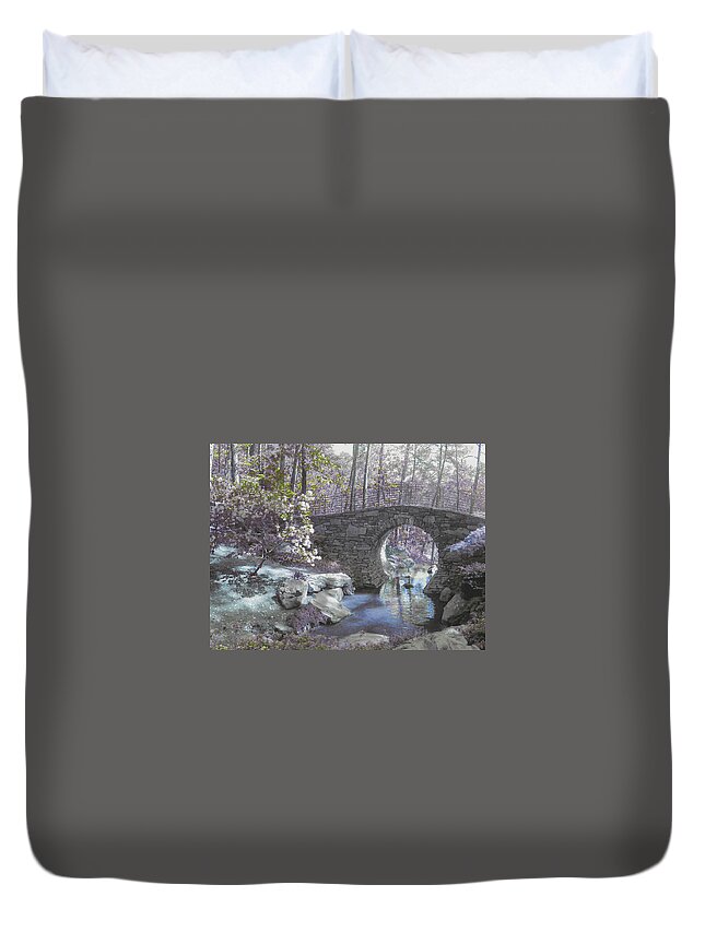 Black And White Duvet Cover featuring the photograph Grey and White Bridge by Anne Cameron Cutri