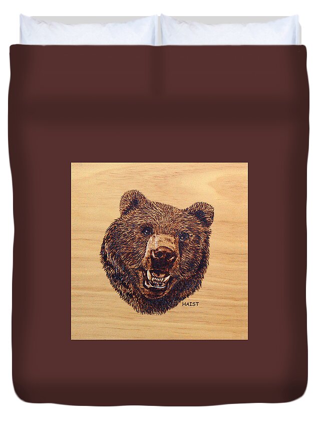  Duvet Cover featuring the pyrography Grizzly Pillow/bag by Ron Haist