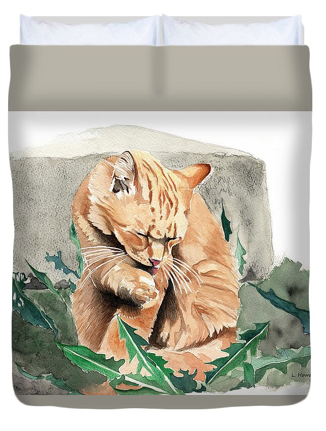 Cat Duvet Cover featuring the painting Grooming Time by Louise Howarth