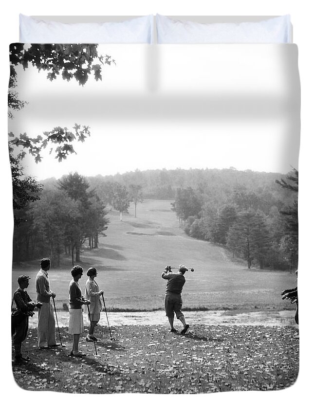 1920s Duvet Cover featuring the photograph Group Of Golfers Teeing Off, C.1920-30s by H. Armstrong Roberts/ClassicStock