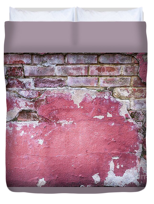 Abandoned Duvet Cover featuring the photograph Grunge red wall with broken plaster by Simon Bratt