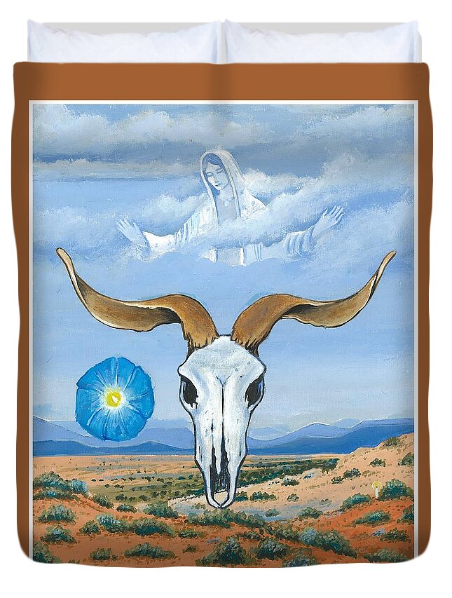 Guadalupe Duvet Cover featuring the painting Guadalupe visits Georgia O'Keeffe by James RODERICK